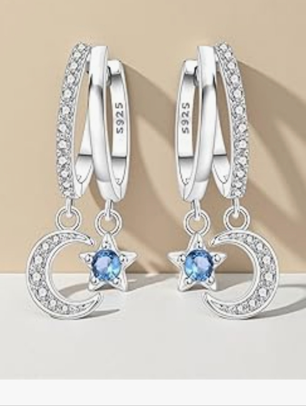 Sterling Silver Moon & Star Blue Crystal Hoop Earrings